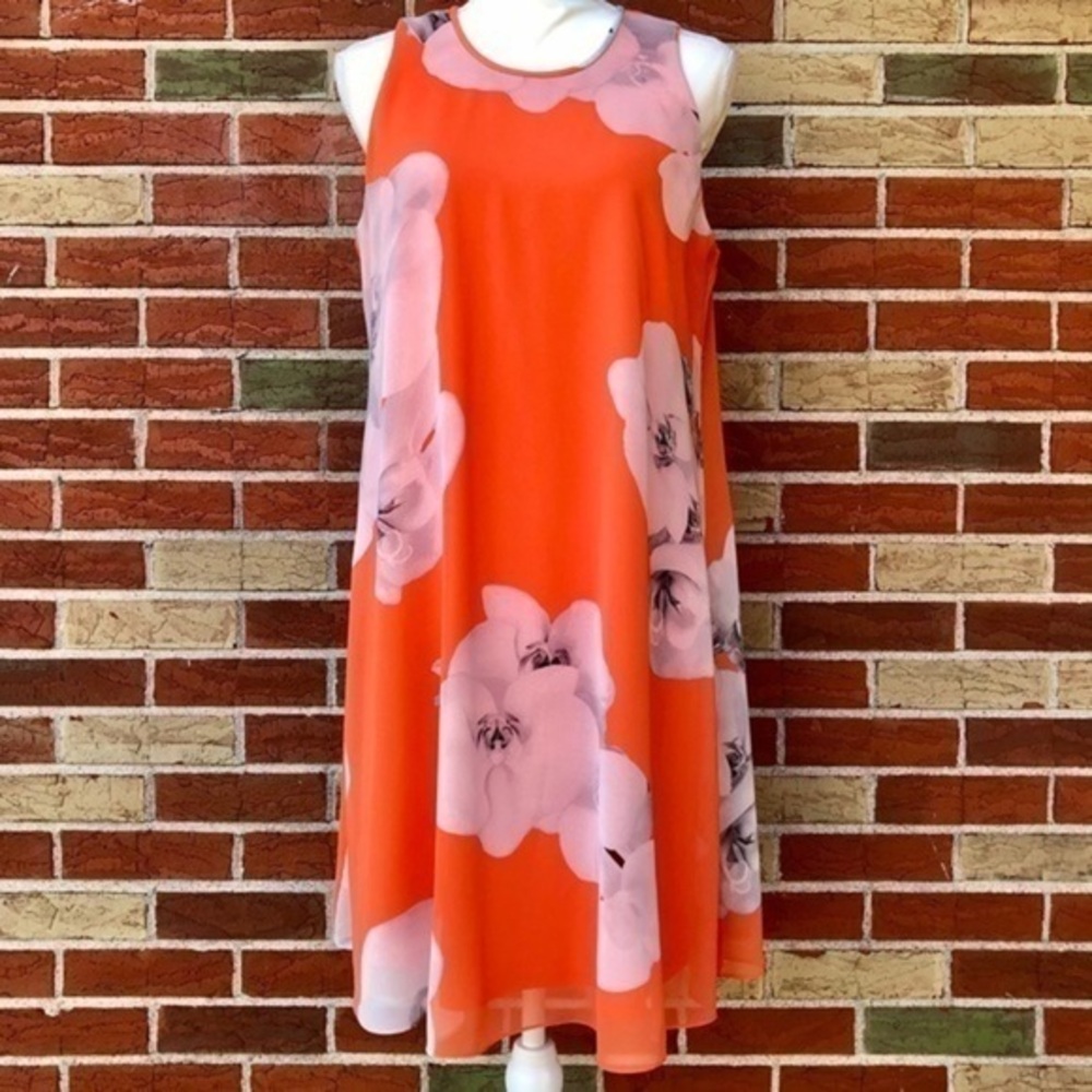 Calvin Klein Babydoll Floral Orange Gray Sleeveless Dress 👗